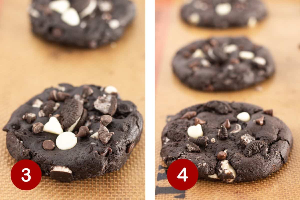 Portioning out the cookie dough, baking the cookies and adding extra toppings.
