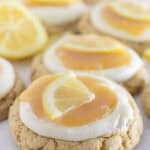 Lemon cheesecake cookies on a tray for serving.