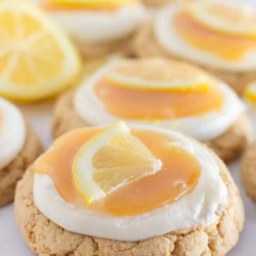 Lemon cheesecake cookies on a tray for serving.