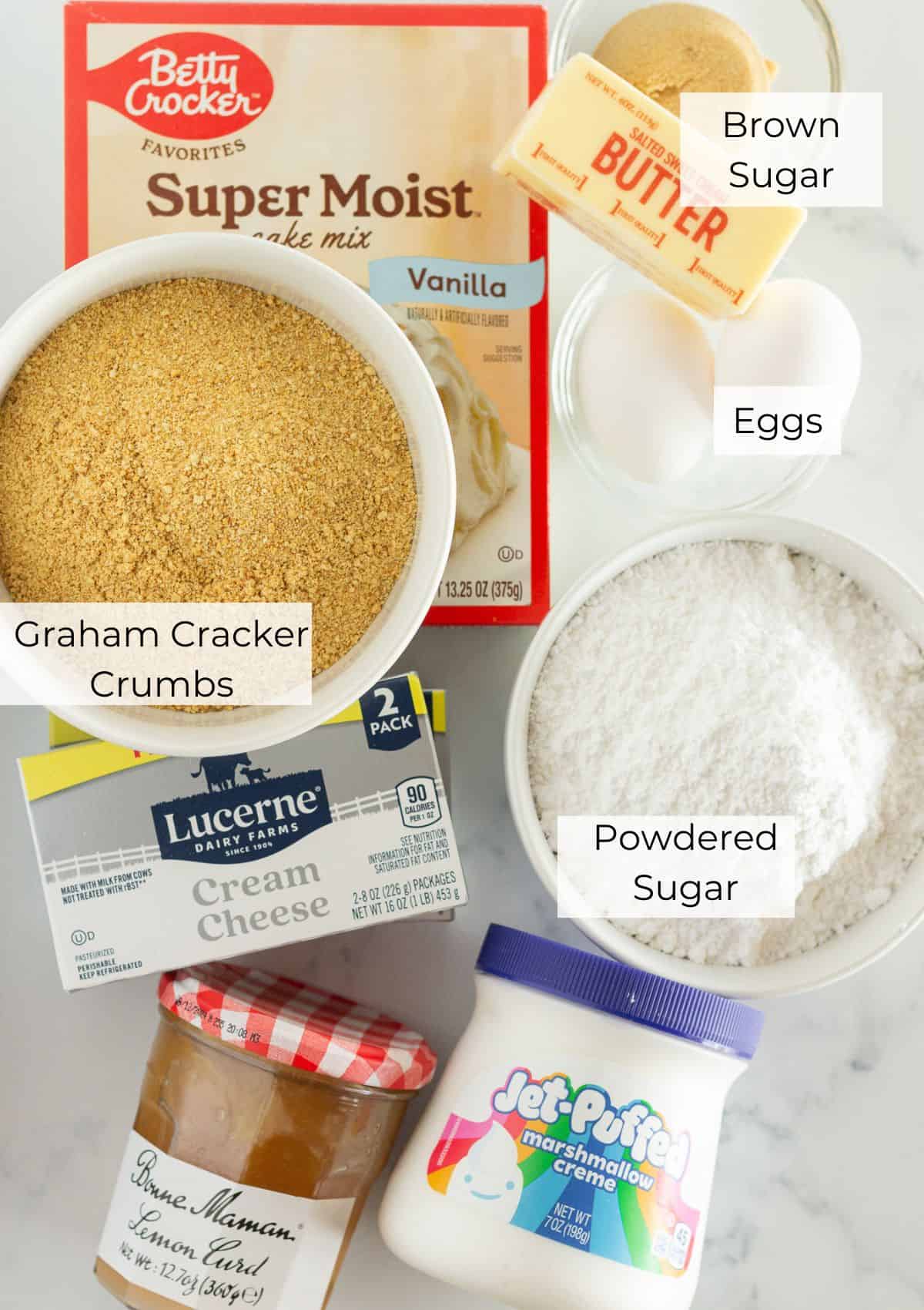 The ingredients needed to make lemon cheesecake cookies.