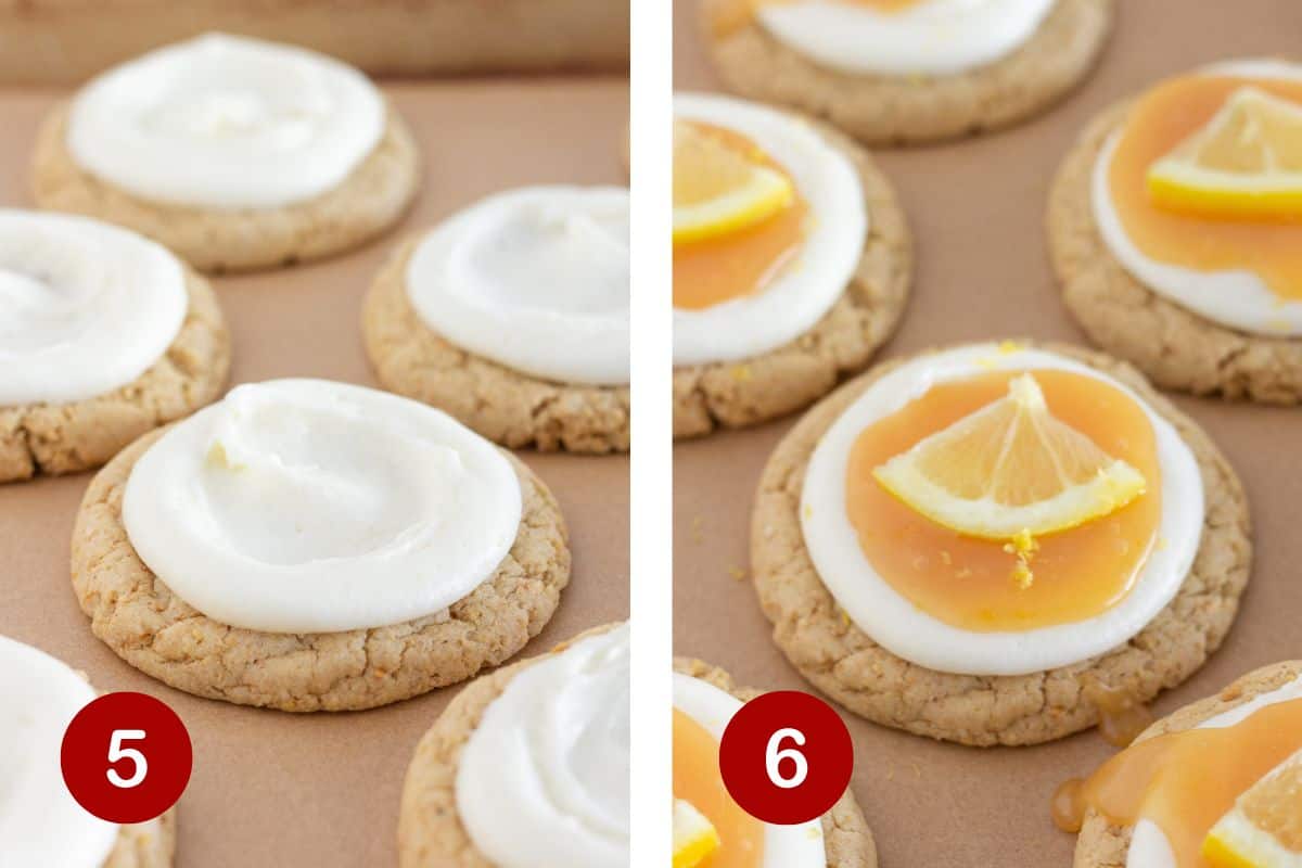Topping cookies with frosting and lemon curd.