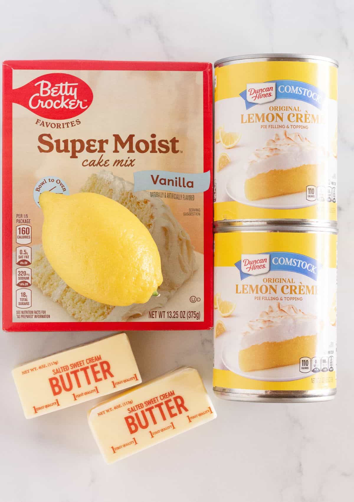 The ingredients needed to make a lemon dump cake.