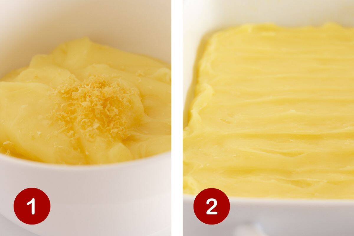 Adding lemon zest to the lemon filling and then adding it to a prepared pan.