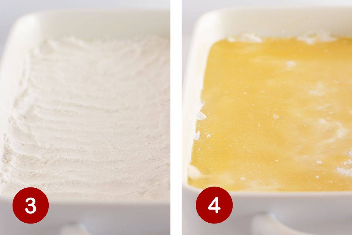 Add dry cake mix to the top of the lemon filling and top with melted butter.