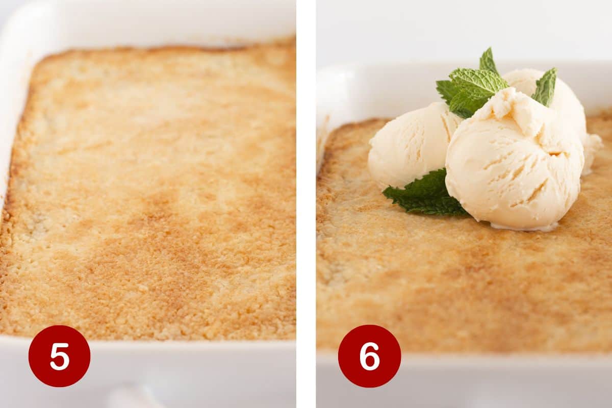 Baking the lemon dump cake and serving it with ice cream.