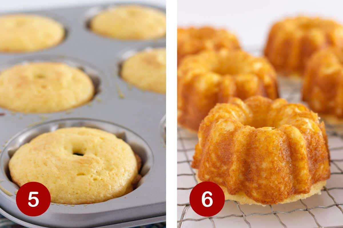 Baking the pound cakes, allowing them to cool and then turning them out of the pan.