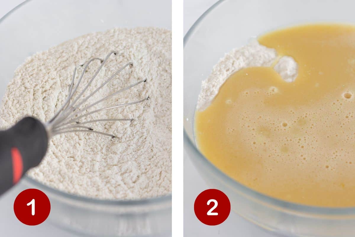 Whisking the dry ingredients and wet ingredients, then combining both together.