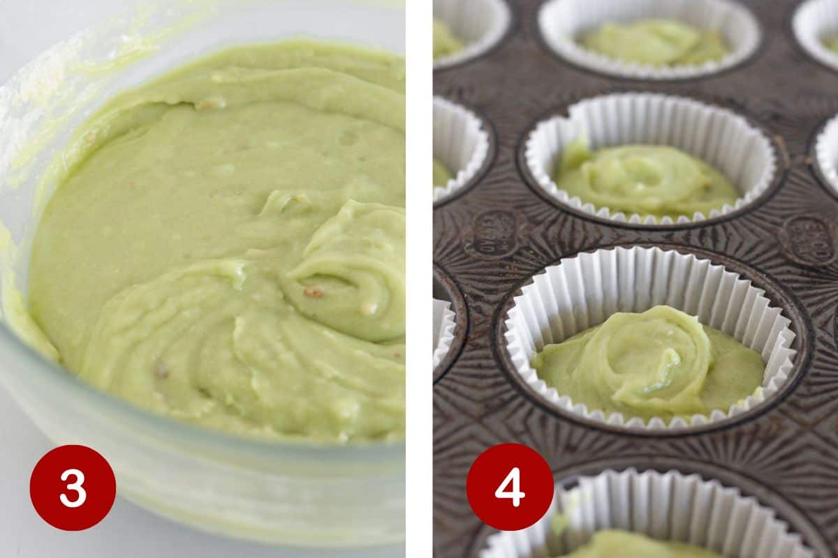 Creating the pistachio muffin batter and filling the muffin cups.
