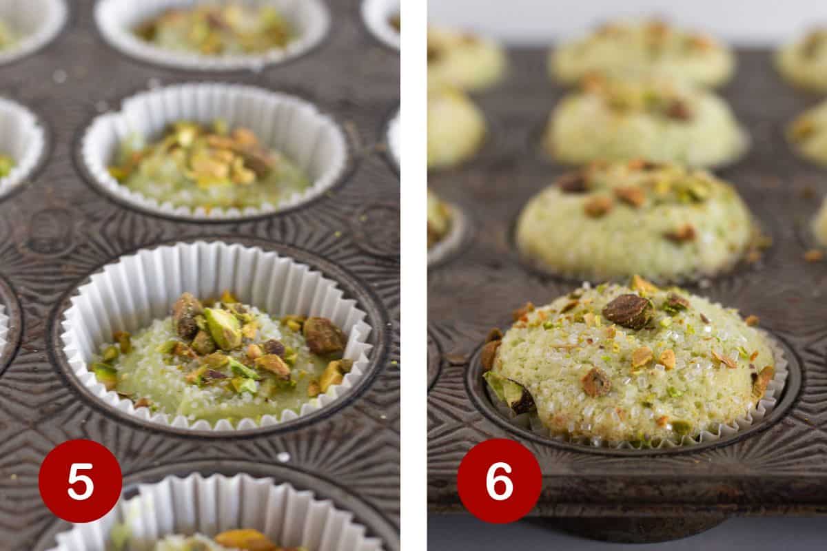 Topping with pistachios and sanding sugar, then baking the muffins.