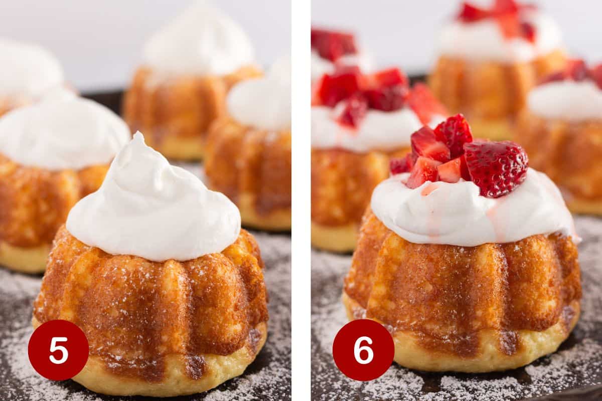 Assembling the mini strawberry shortcakes with a dollop of whipped cream and strawberries.
