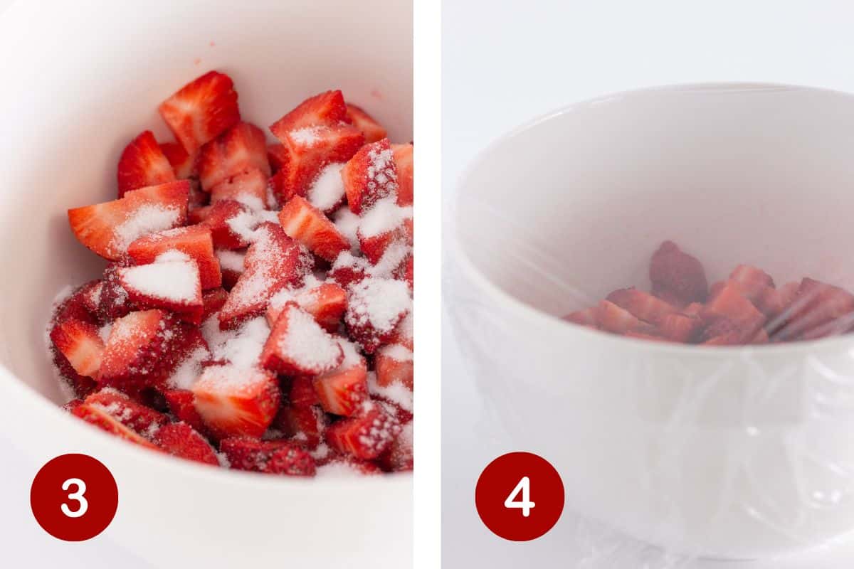Making the sugared strawberries and letting them sit until ready to use.