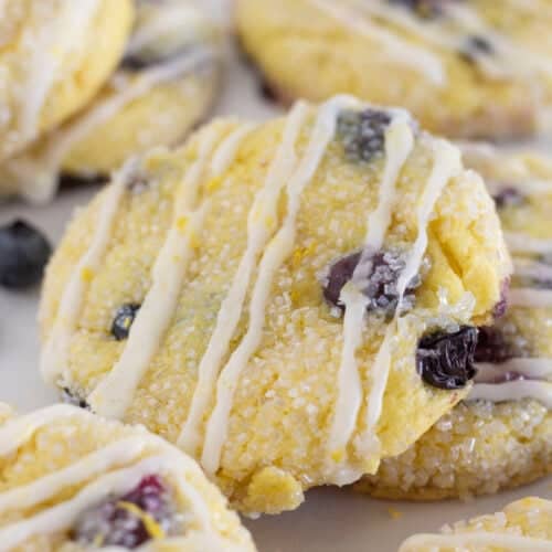 Lemon blueberry cake mix cookies with lemon glaze.