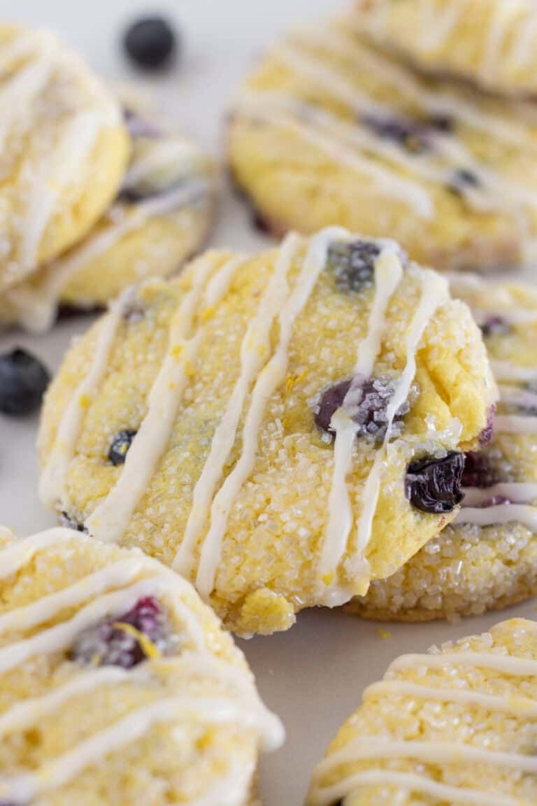 Lemon blueberry cake mix cookies with lemon glaze.