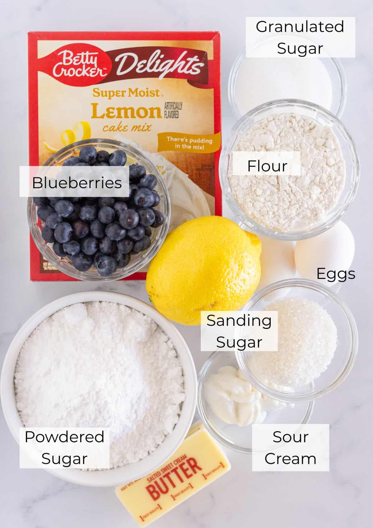 The ingredients needed to make Lemon Blueberry cake mix cookies.