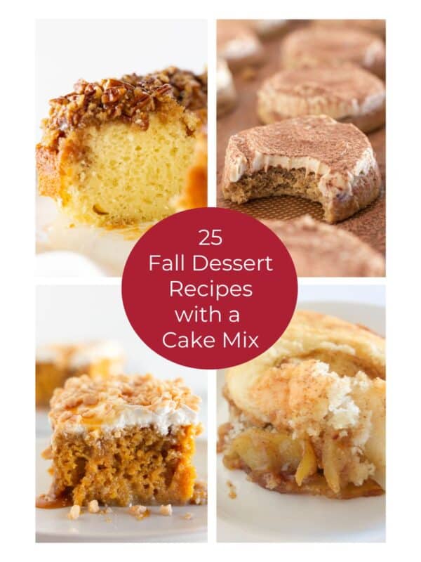 A collage of 4 of the recipes you can make with a cake mix for fall.