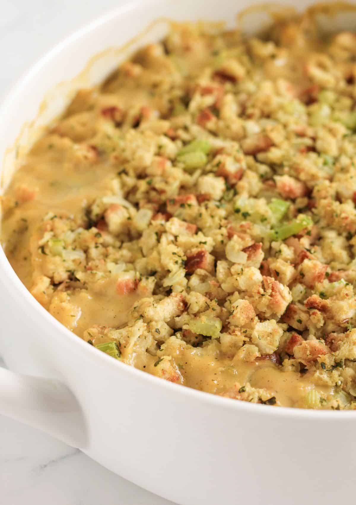 A baked chicken and stuffing casserole.