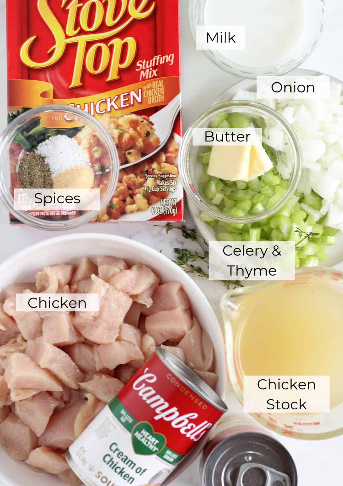 Les ingrédients nécessaires pour faire un gratin de poulet et de farce.