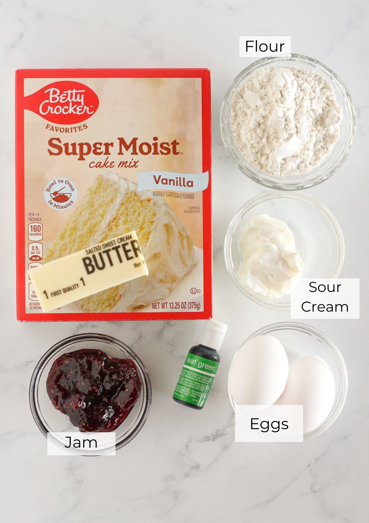 The ingredients needed to make Grinch Cookies with a cake mix.
