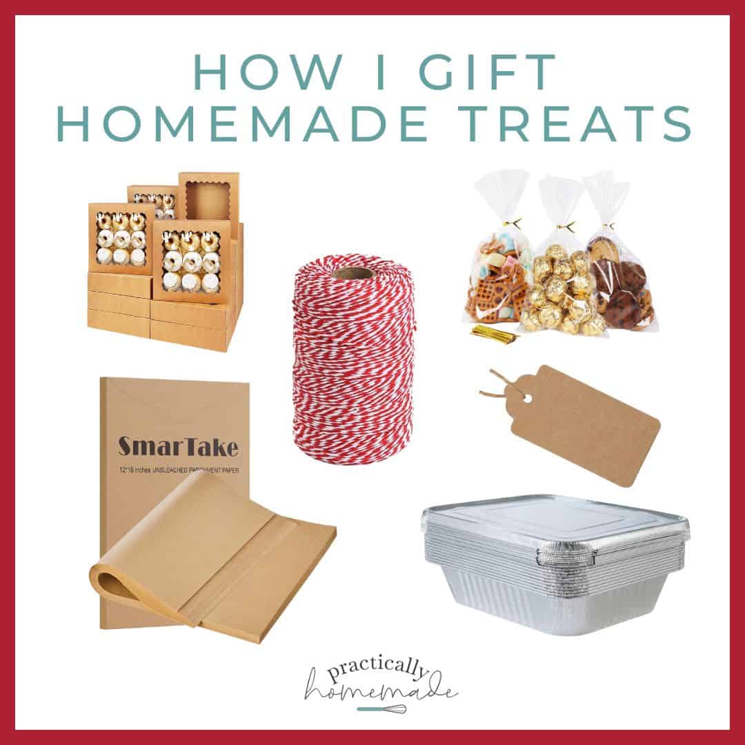 A collage of items that I use to gift homemade treats.