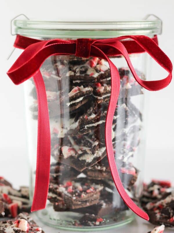 Gifting candy in a clear jar with ribbon.