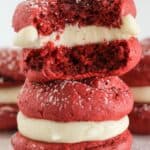 Red velvet whoopie pies made with a cake mix.