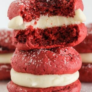 Red velvet whoopie pies made with a cake mix.