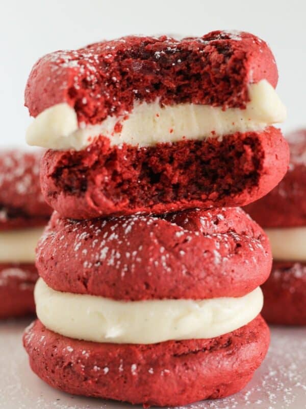 Red velvet whoopie pies made with a cake mix.