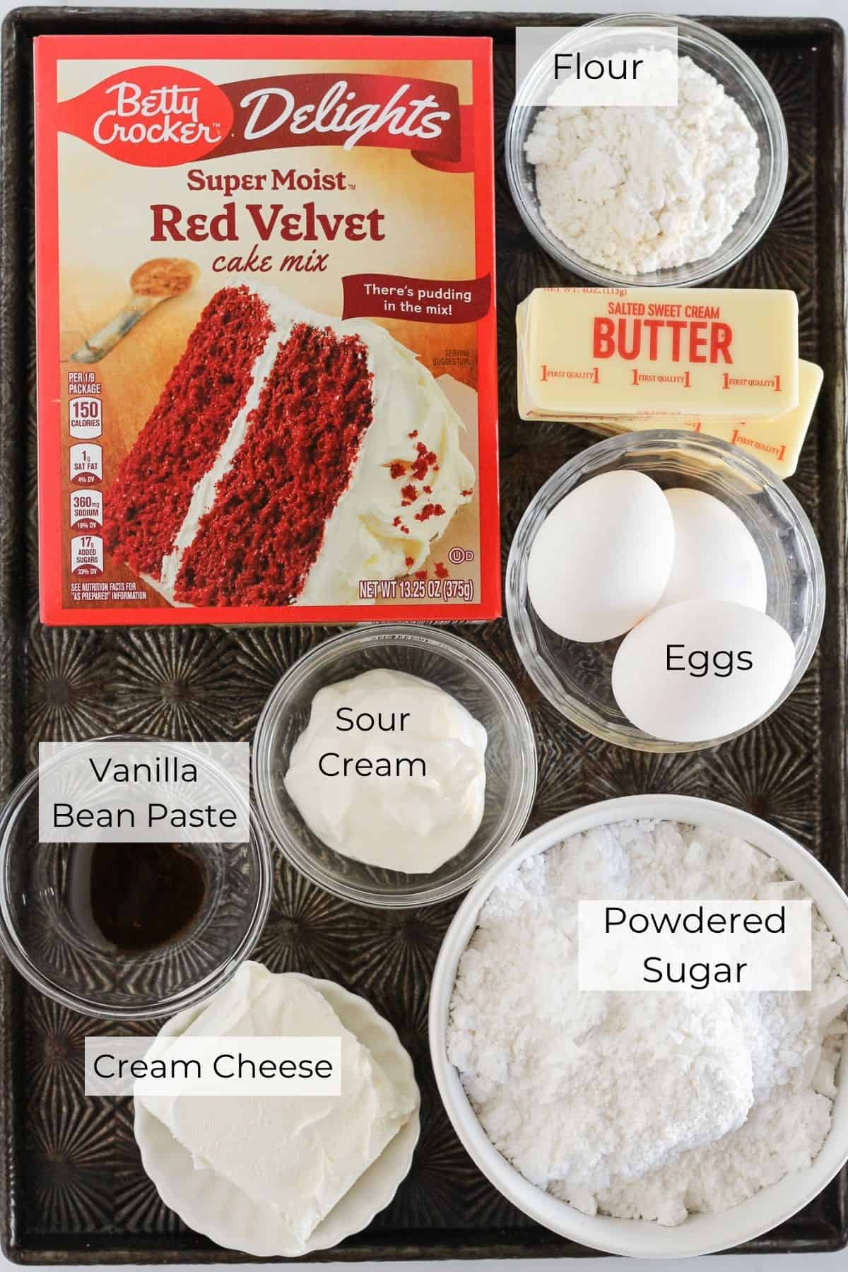 The ingredients needed to make cake mix red velvet whoopie pies.