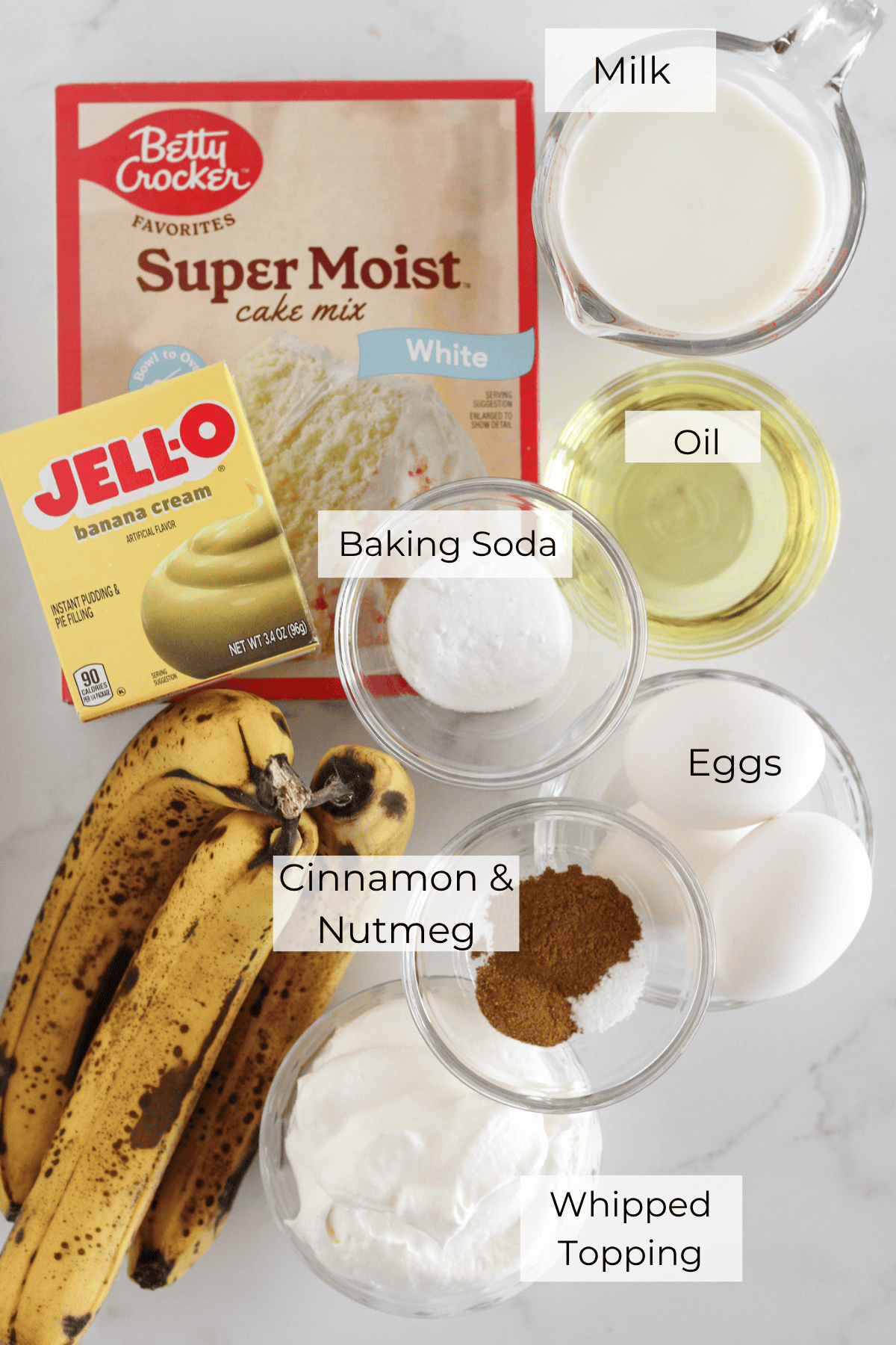 The ingredients needed to make banana sheet cake