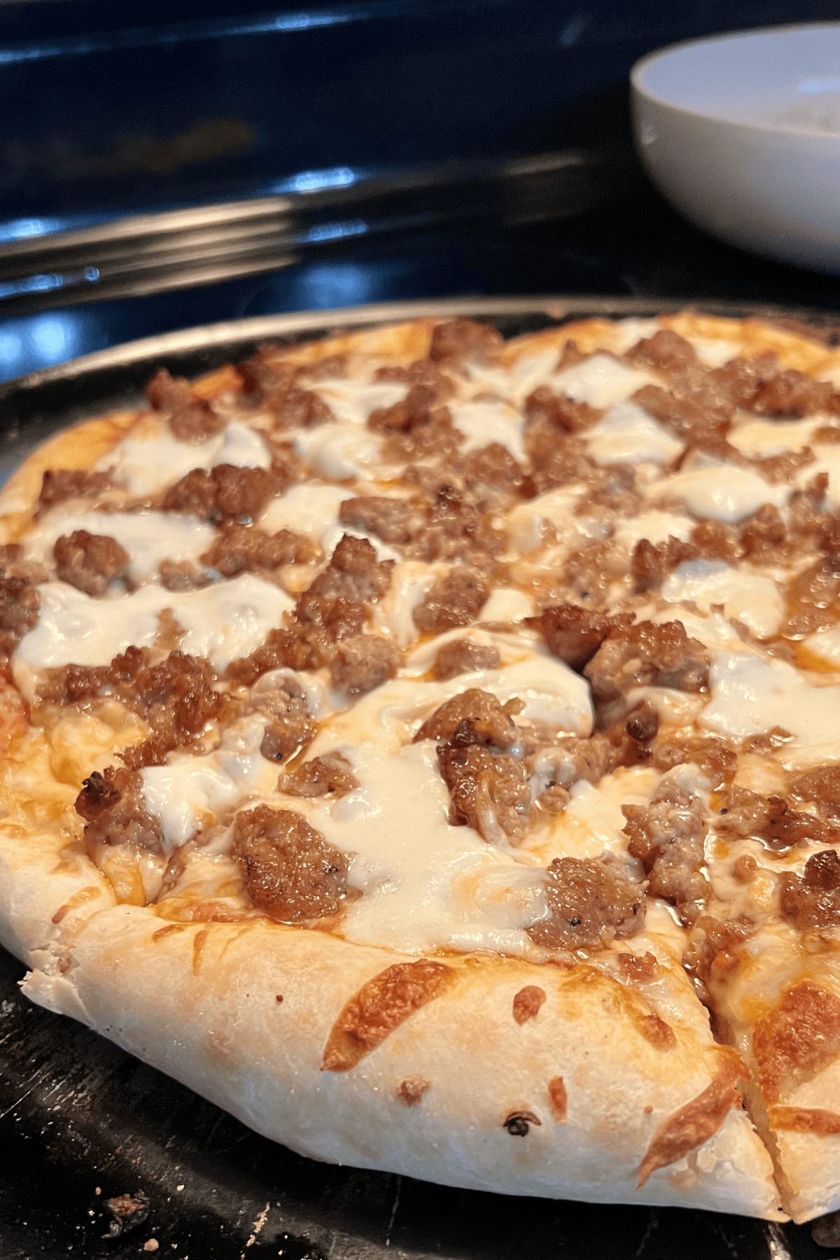 Pizza straight from the oven and ready to serve.