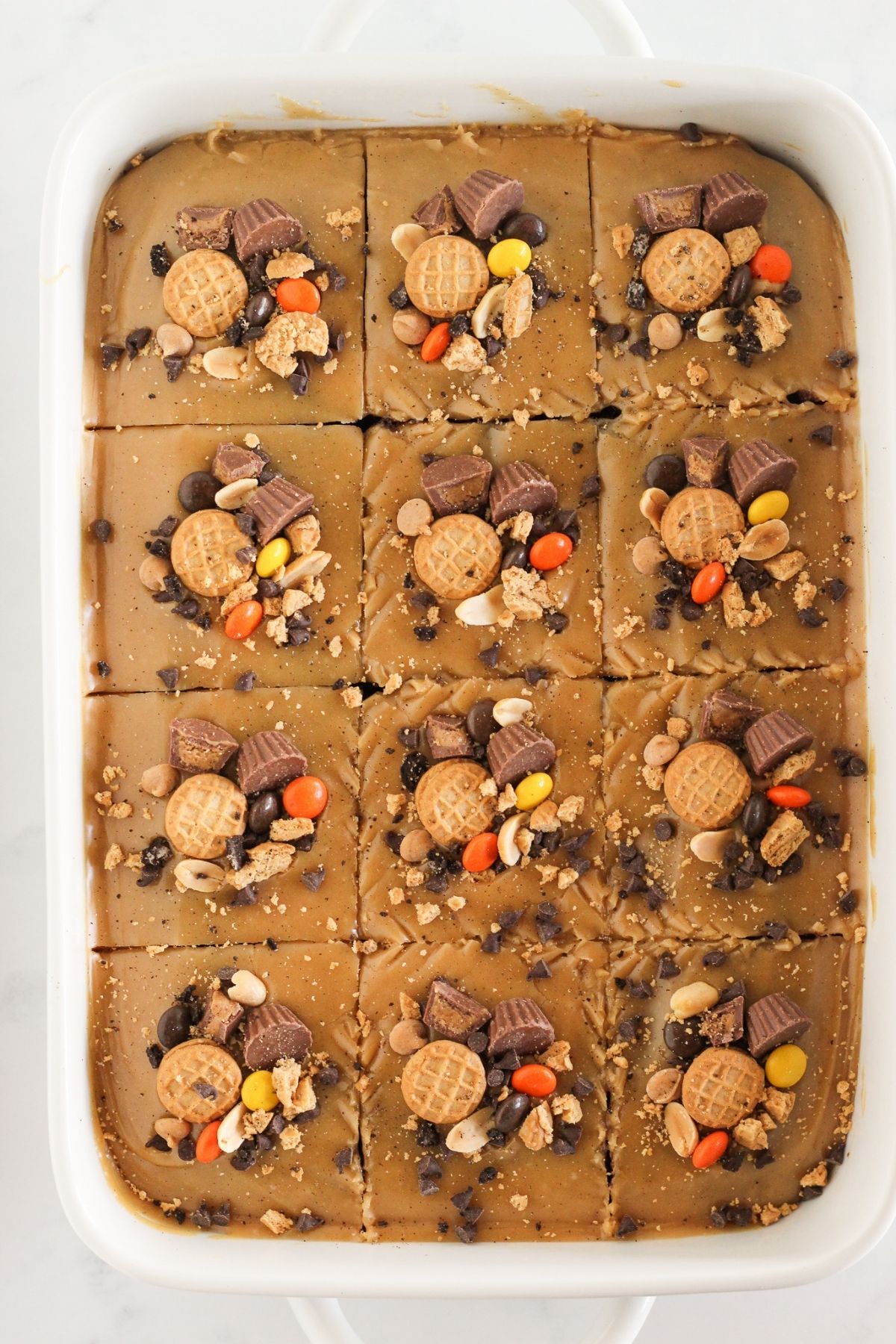Chocolate peanut butter cake with toppings.