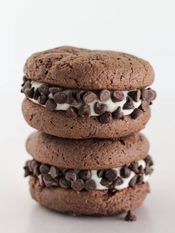 Chocolate sandwich cookies rolled in mini chips.