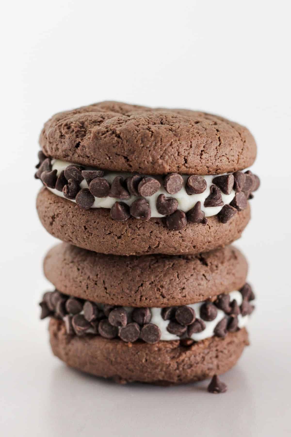 Chocolate sandwich cookies rolled in mini chips.