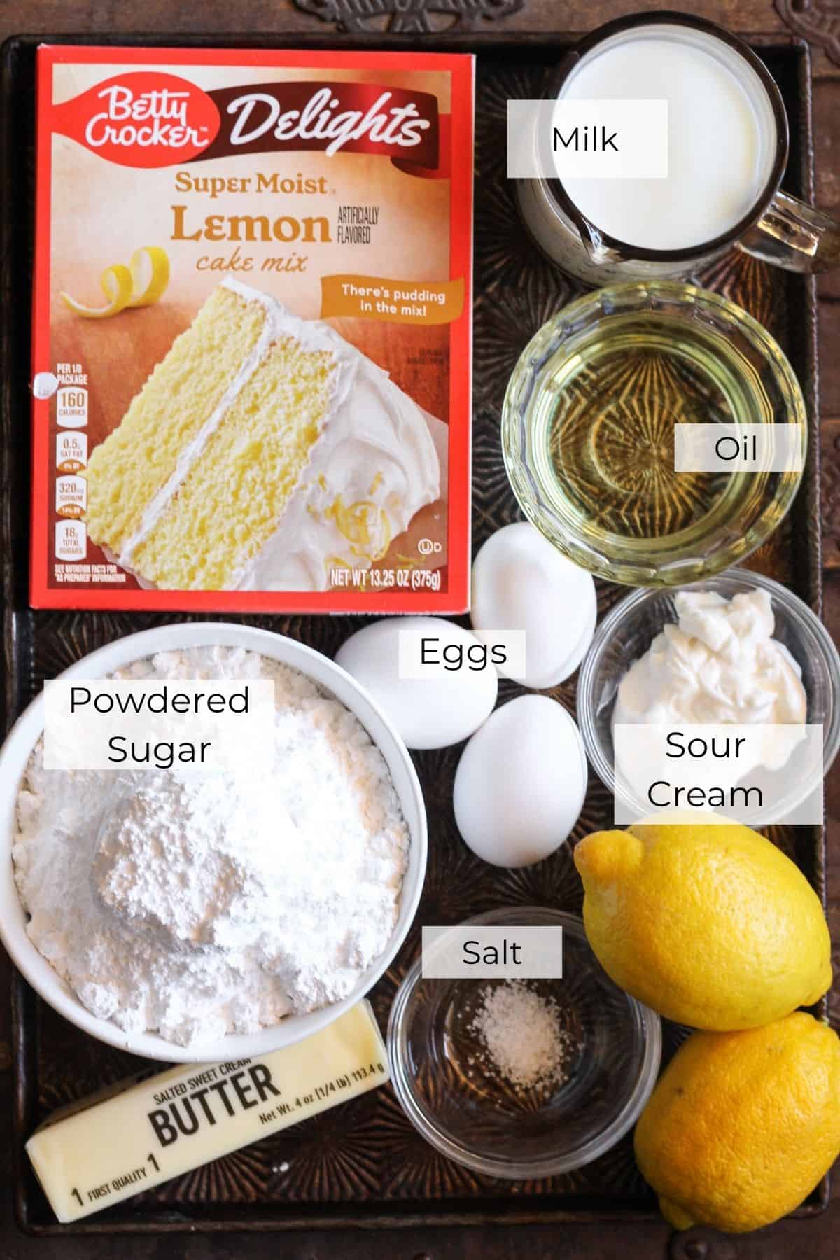 The ingredients needed to make lemon sheet cake.