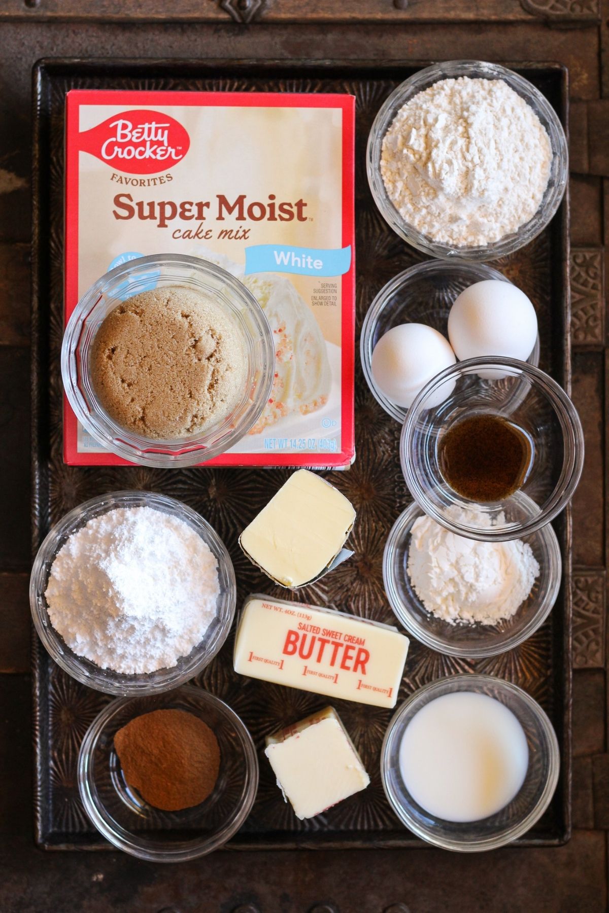 Ingredients for smaller cake mix recipe using flour.
