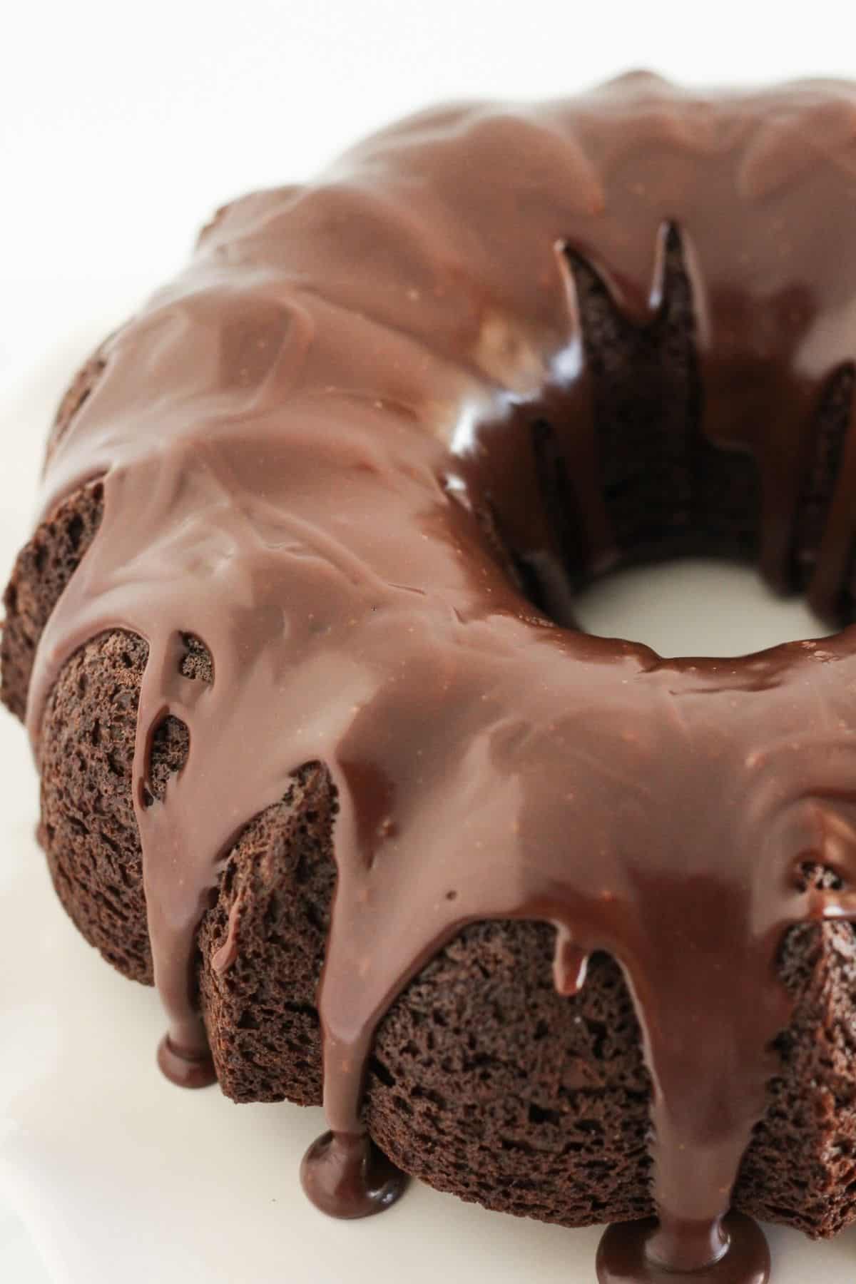 Chocolate bundt cake with chocolate ganache.