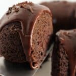 Serving a slice of chocolate bundt cake.