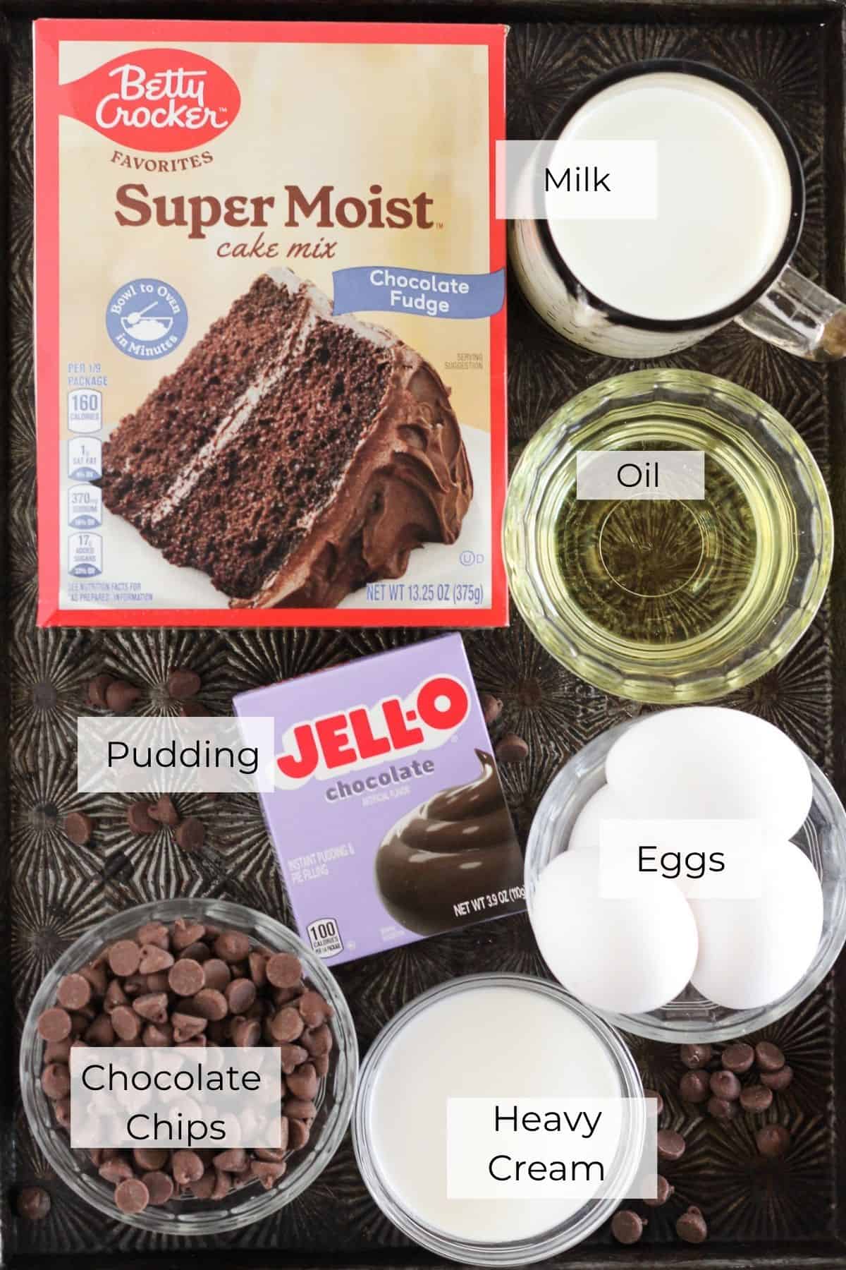The ingredients needed to make a chocolate bundt cake.