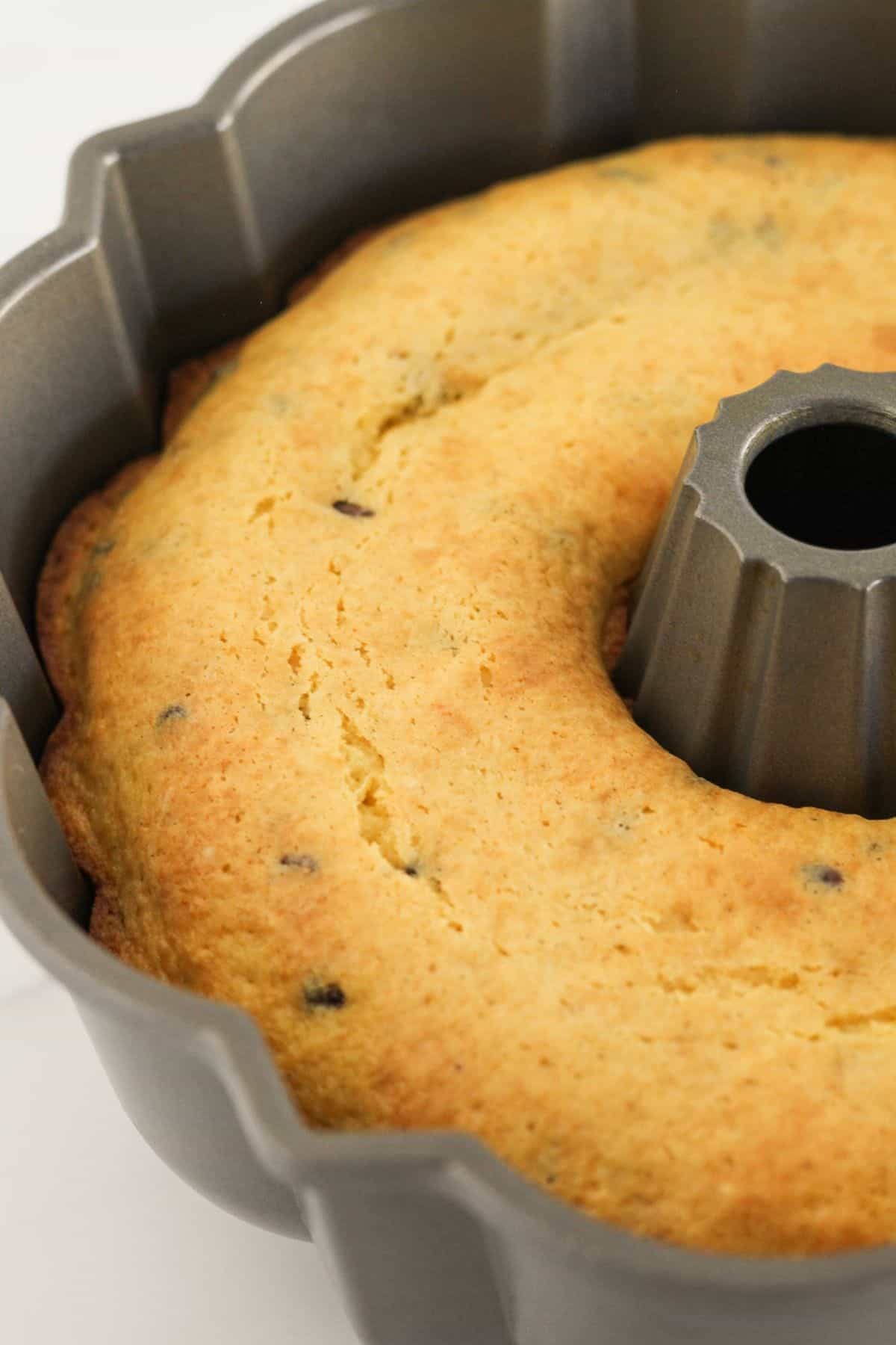 A baked chocolate chip bundt cake.