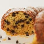 The inside of a bundt cake full of chocolate chips.
