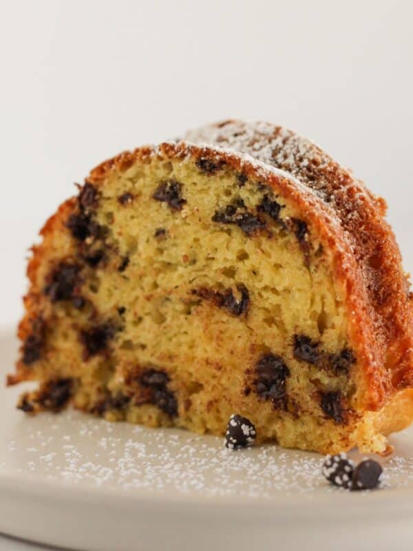 A slice of chocolate chip bundt cake.