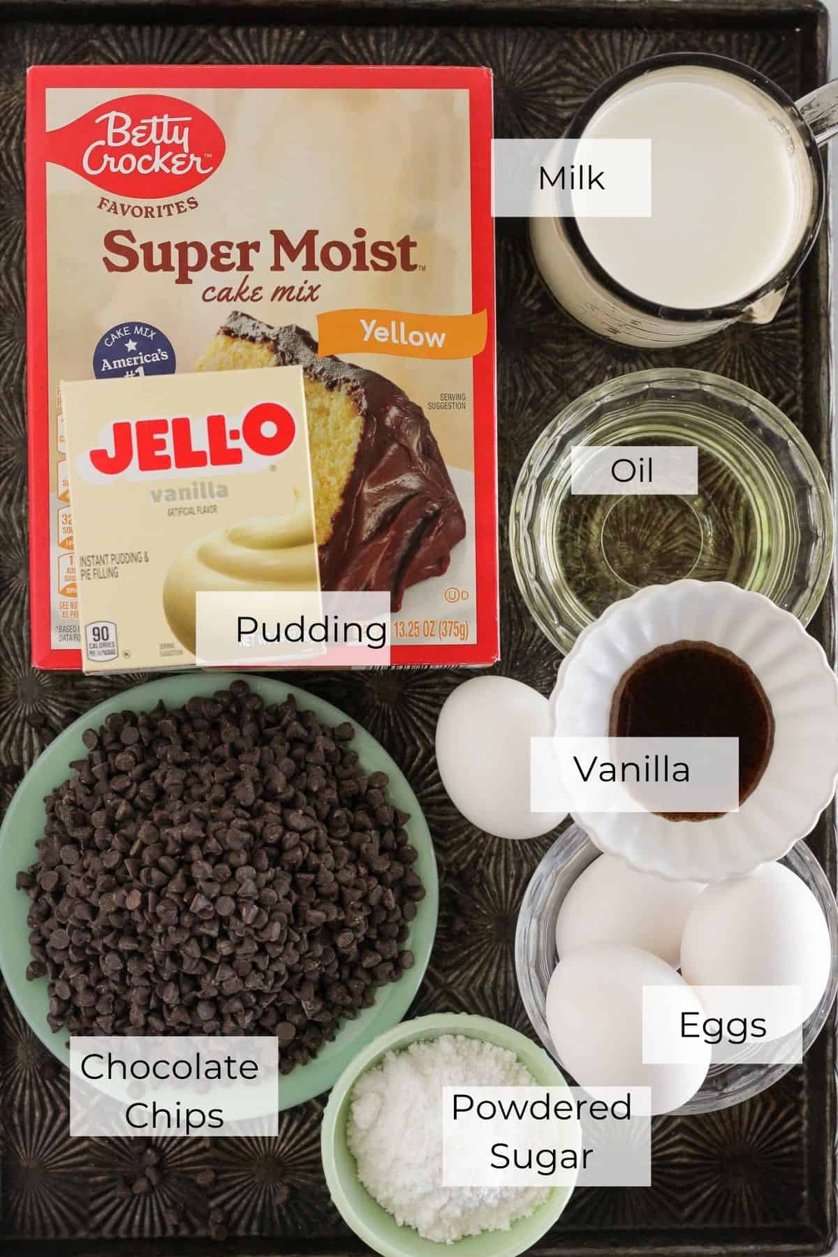 Ingredients needed for chocolate chip bundt cake.