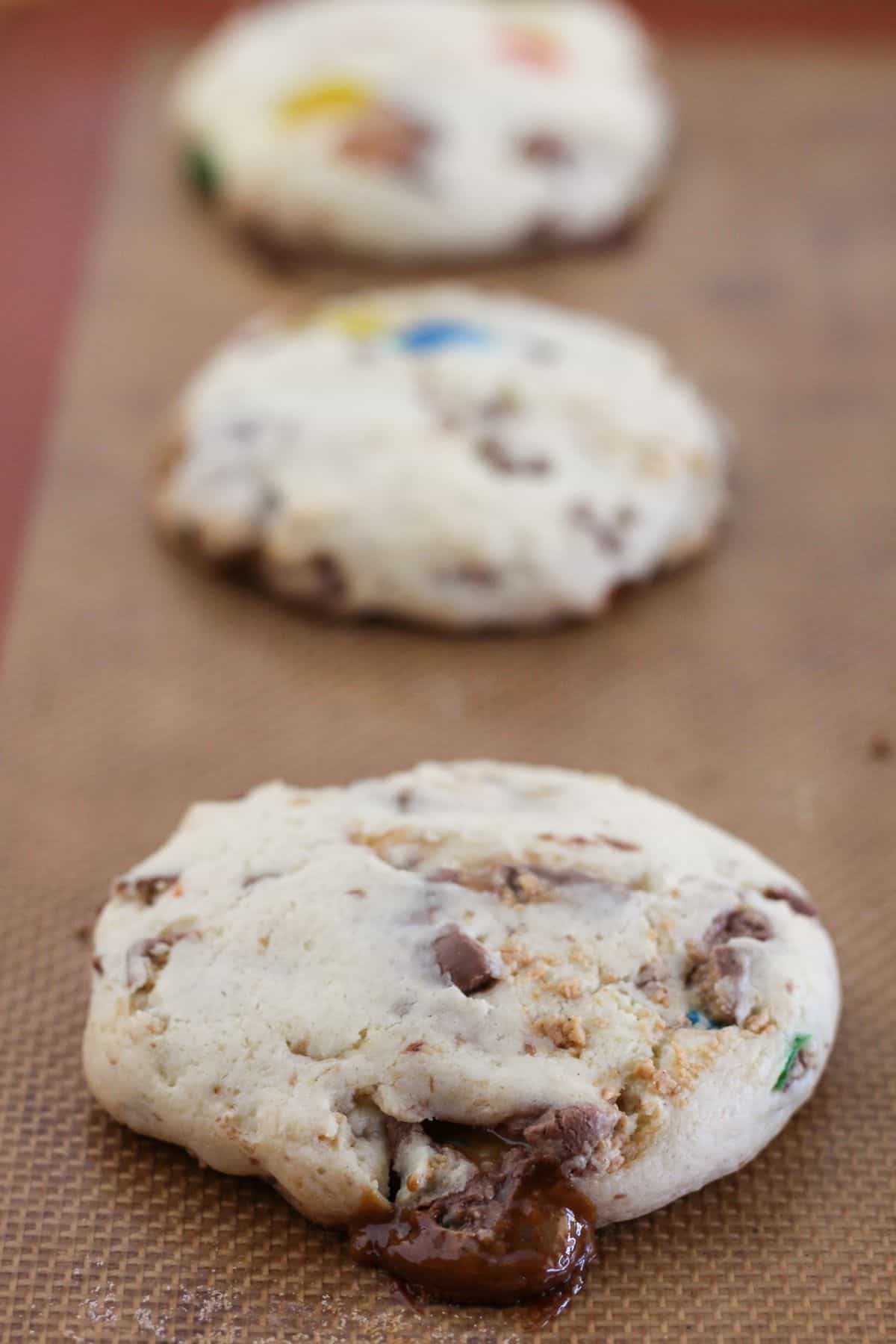 Baked candy cookies on a tray.