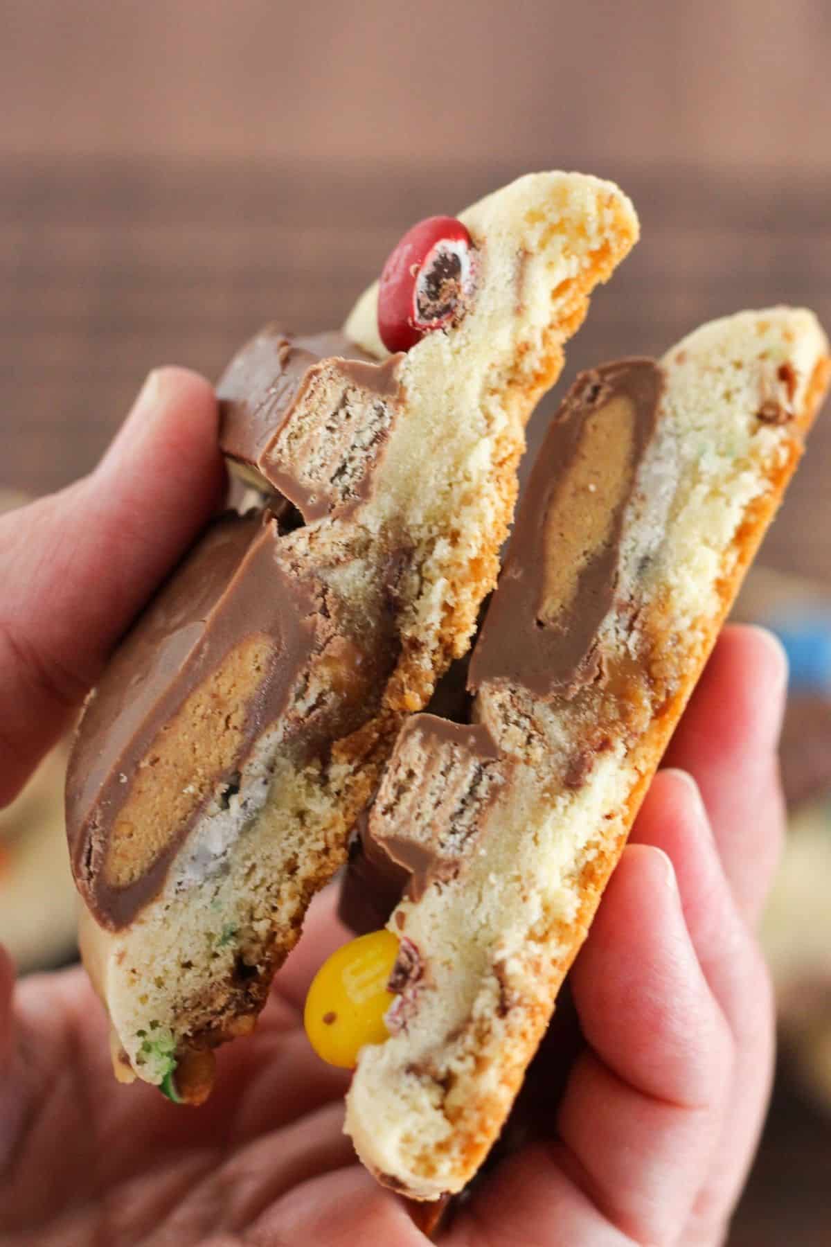 Looking at the inside of candy cookies.