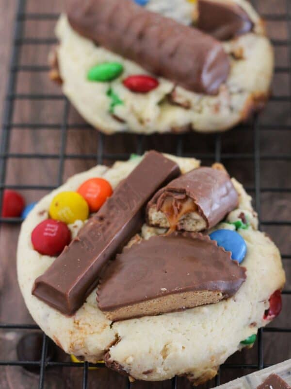 Looking at the top of a cookie with leftover Halloween candy on top.
