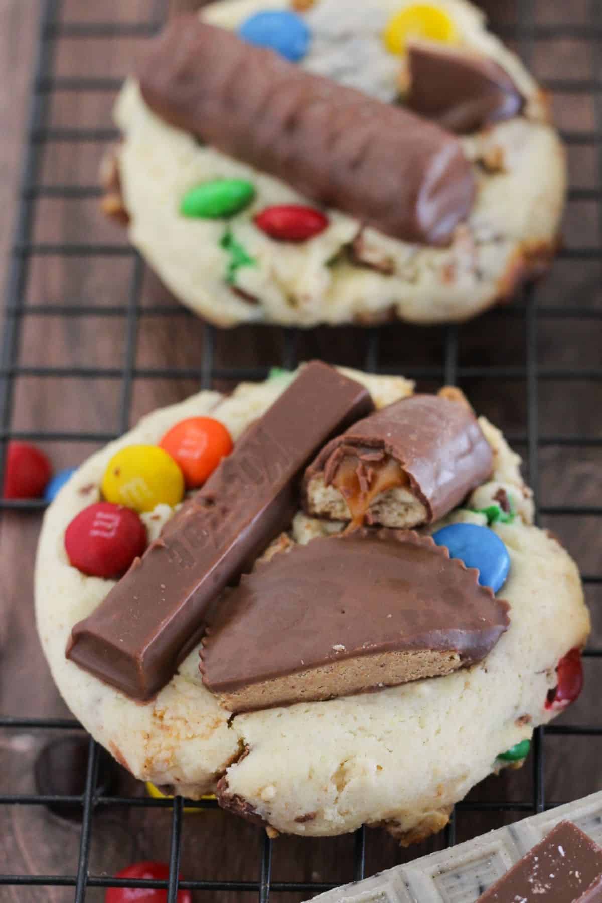 Looking at the top of a cookie with leftover Halloween candy on top.