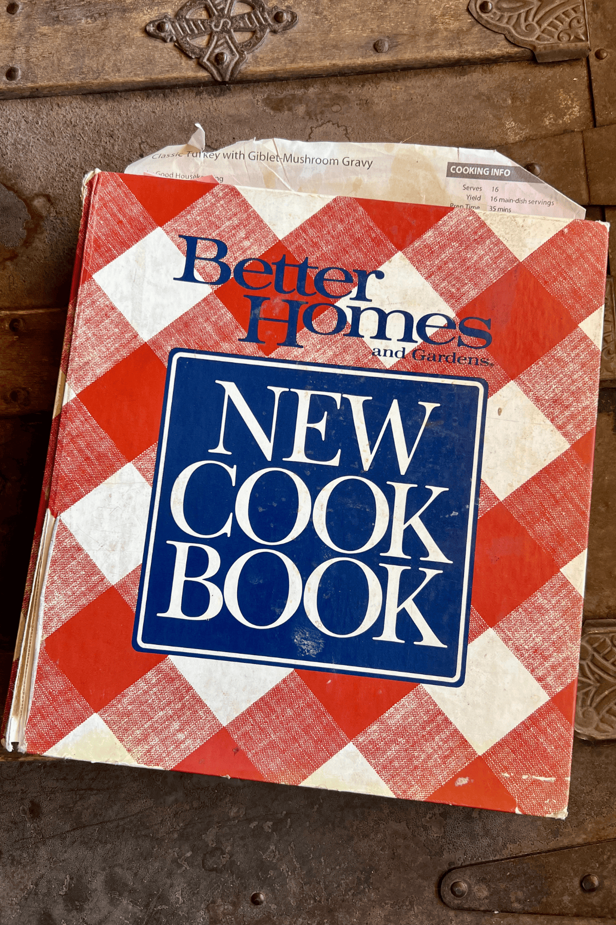 Red and white check Better Homes and Garden cookbook.